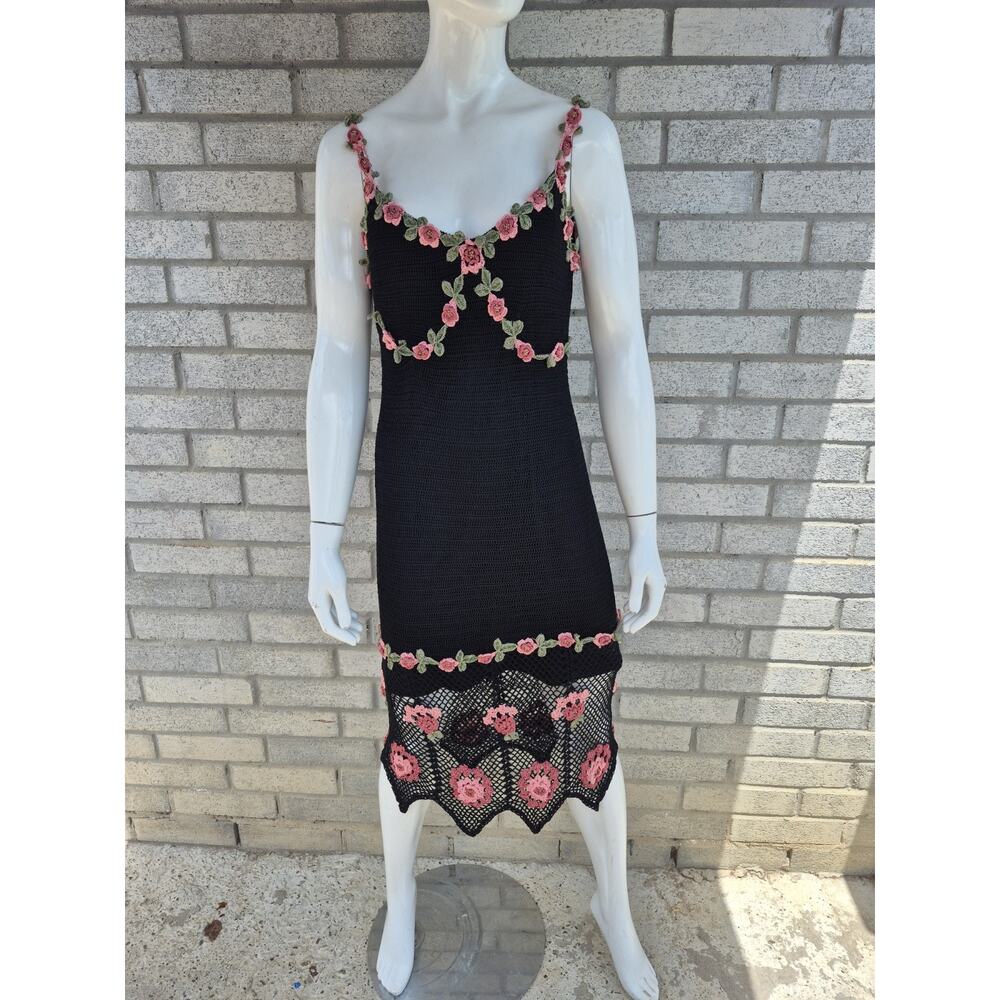 Cache Y2K Crochet Floral Applique Black Midi Dress Womens Small Boho Cottage